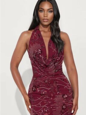 Fashion nova Halter Neck Embellished Burgundy Evening Dress NWT